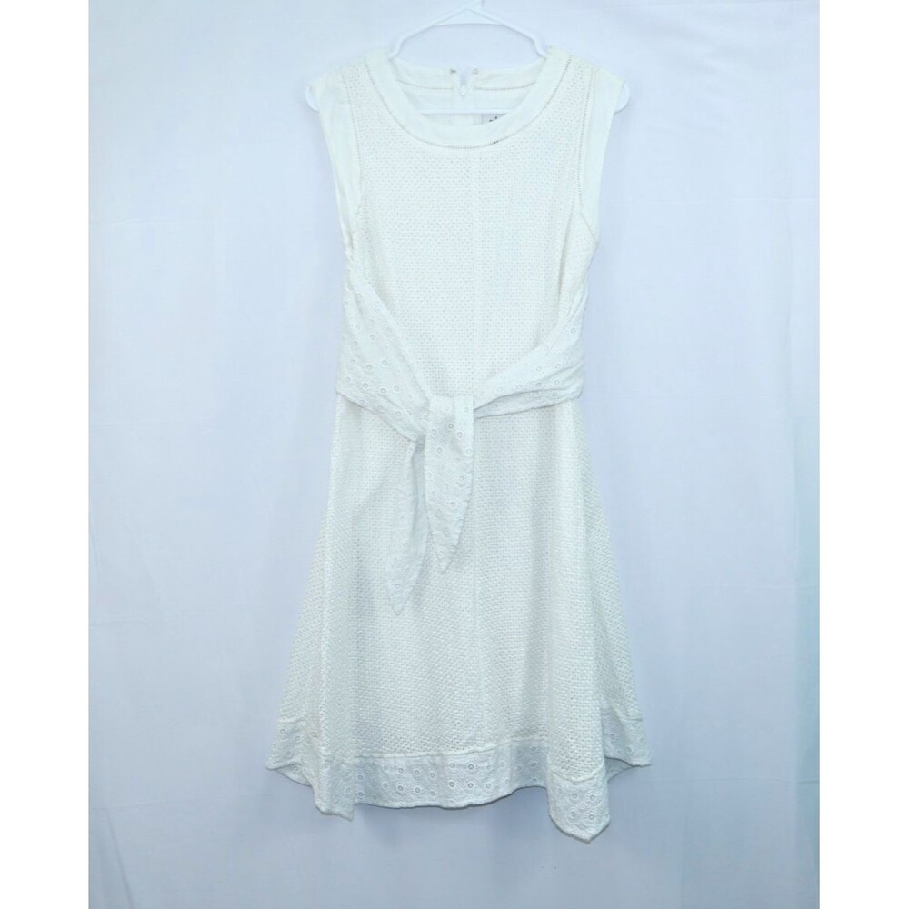 Cabi Size 2 #5106 Lizzie White Cotton Cap Sleeve dress Eyelet Lace Tie Waist